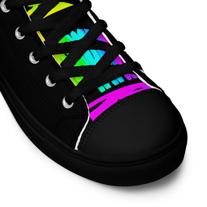 HappyStuff black high tops rainbow shoes Happy Rainbow Painted Print bright colours black sole black laces black faux leather toe cap closeup