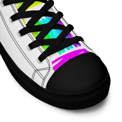 HappyStuff white high tops rainbow shoes Happy Rainbow Painted Print bright colours black sole black laces black faux leather toe cap closeup