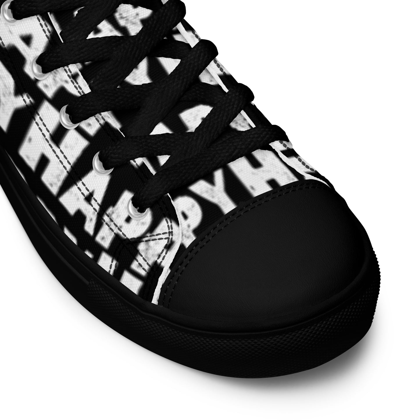 Fun Shoes black and white Happy Sponge Print High Tops black sole lace up black laces black faux leather toe cap closeup