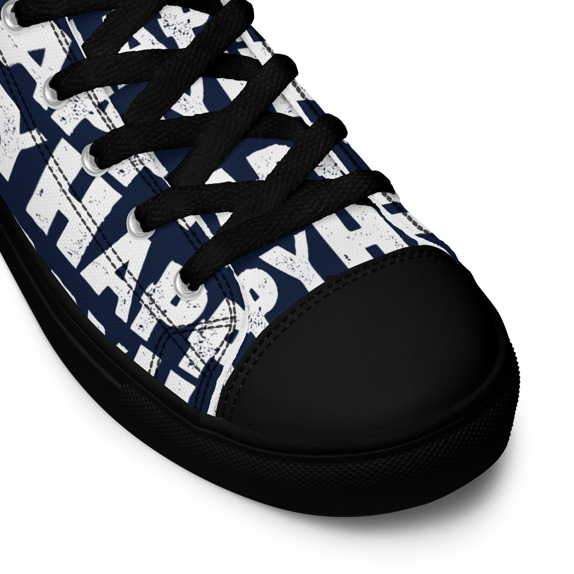 Fun Shoes navy blue and white Happy Sponge Print High Tops black sole lace up black laces black faux leather toe cap closeup