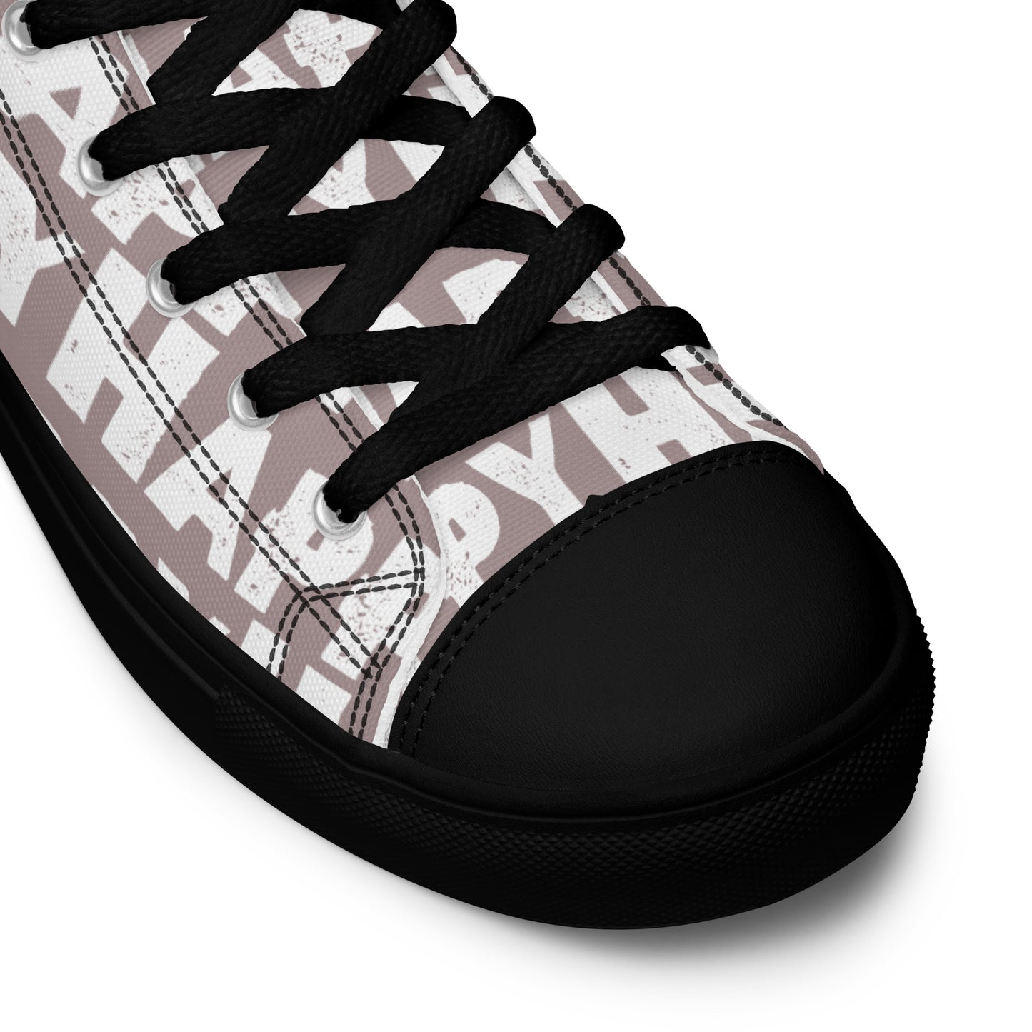 Fun Shoes taupe and white Happy Sponge Print High Tops black sole lace up black laces black faux leather toe cap closeup