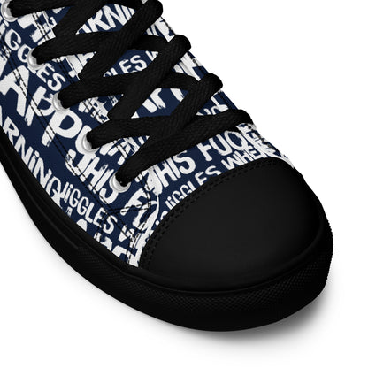 Women's High Tops "Warning This Foot Jiggles When Happy" Painted All Over Canvas Navy Blue Sneakers Black Sole