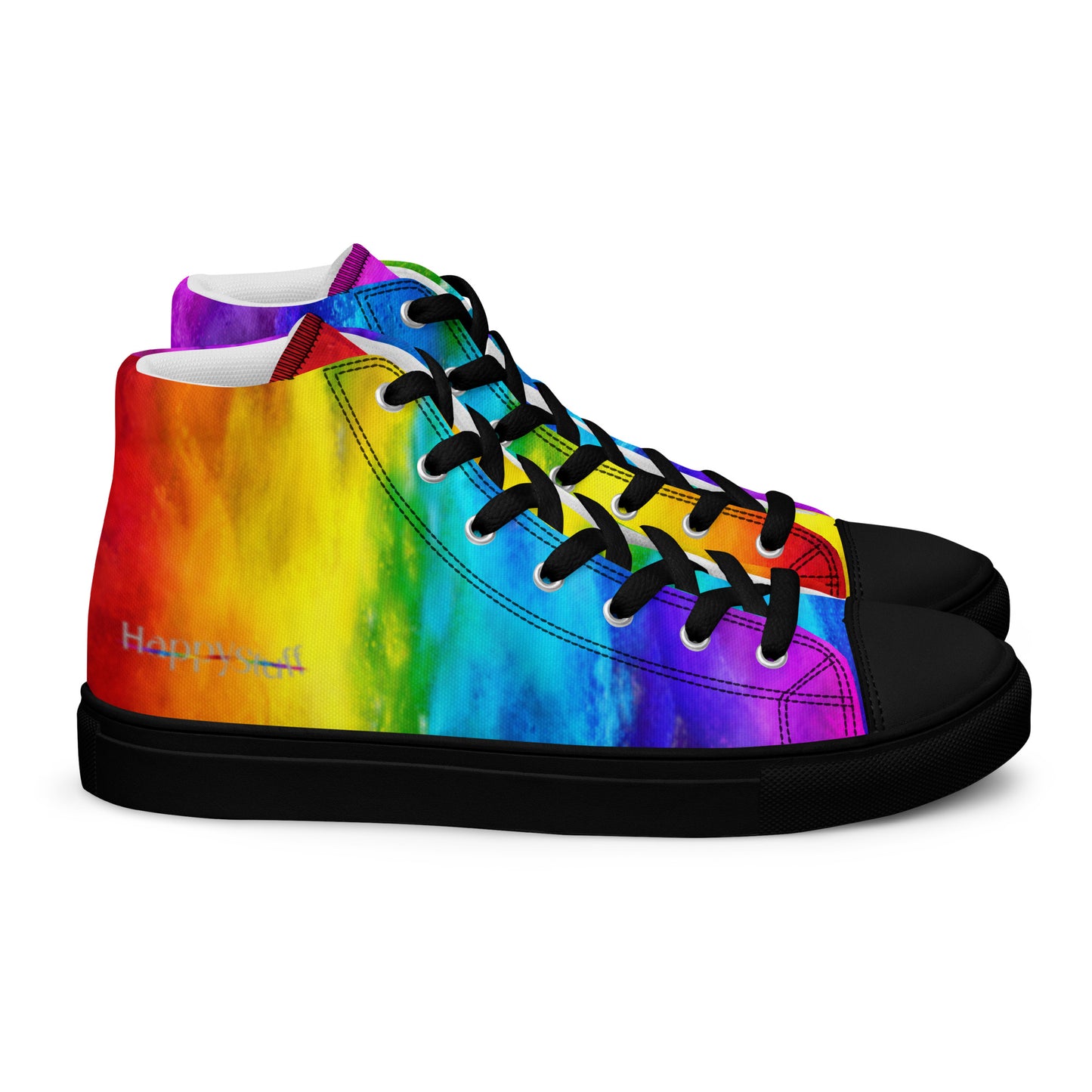 Rainbow shoes right side view featuring HappyStuff logo on holi colours printed on white high top sneakers black sole with black laces