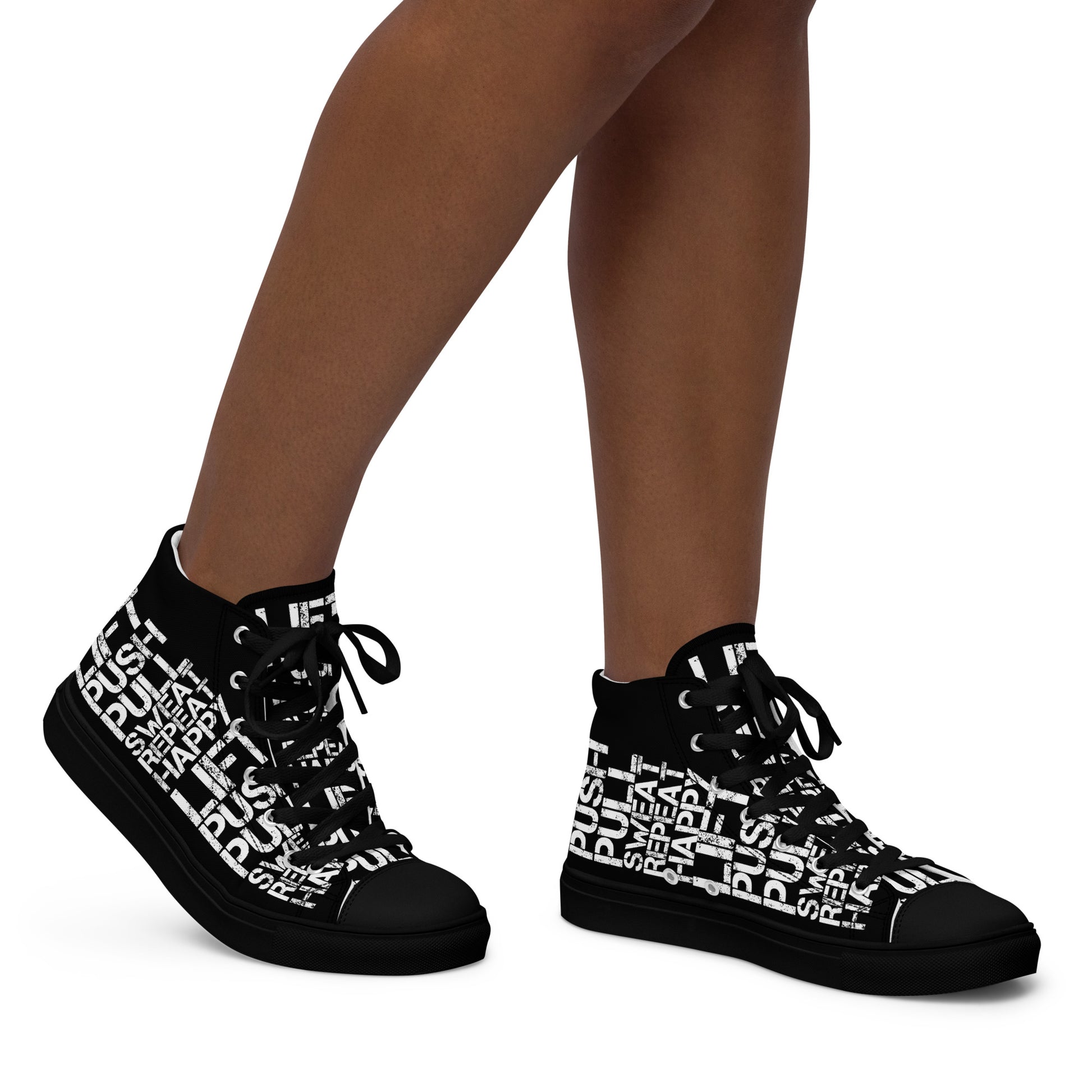 Walking right in womens sneakers HappyStuff high top black shoes black sole lift push pull sweat repeat happy distress print black and white