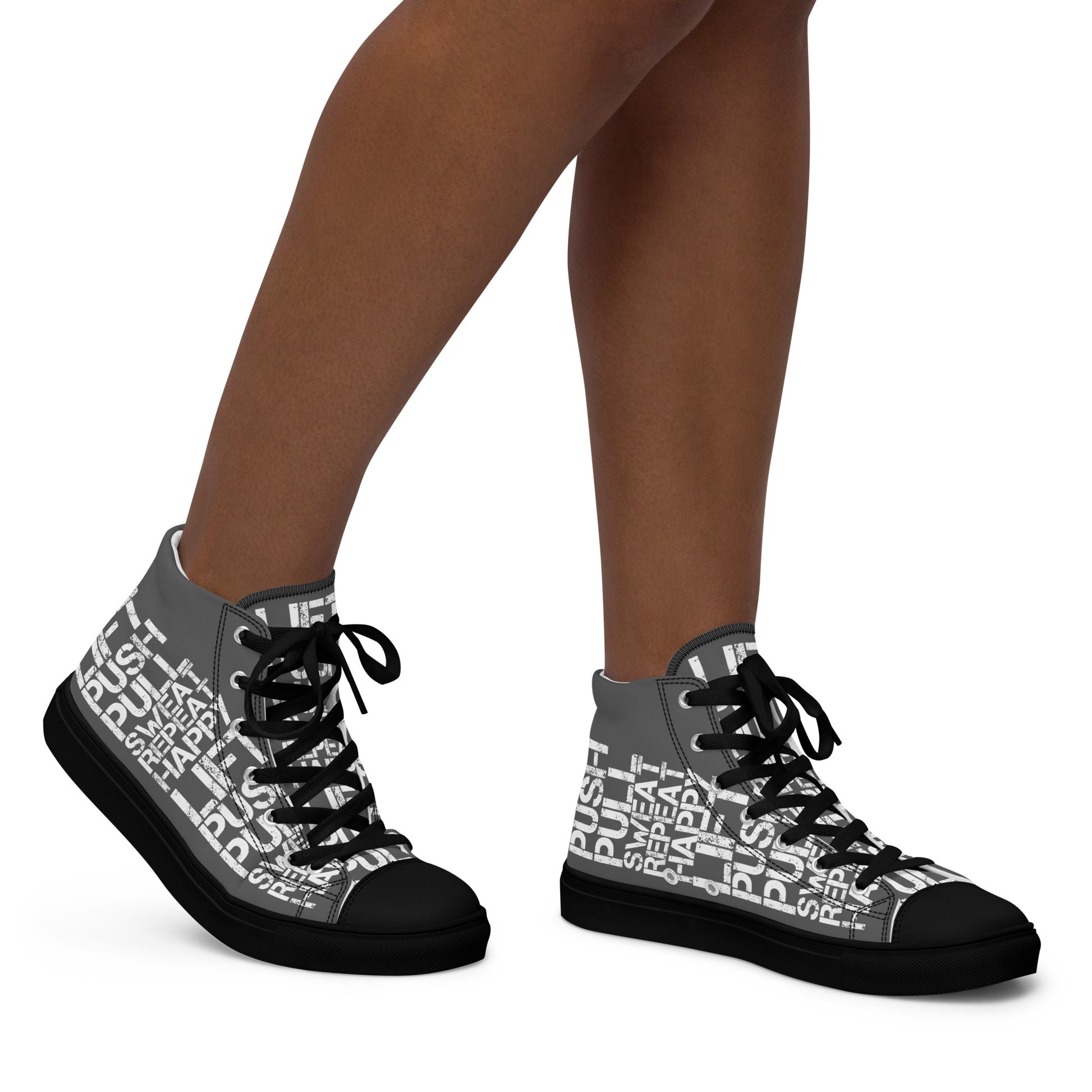 Walking right in womens sneakers HappyStuff high top slate grey shoes black sole lift push pull sweat repeat happy distress print slate grey and white