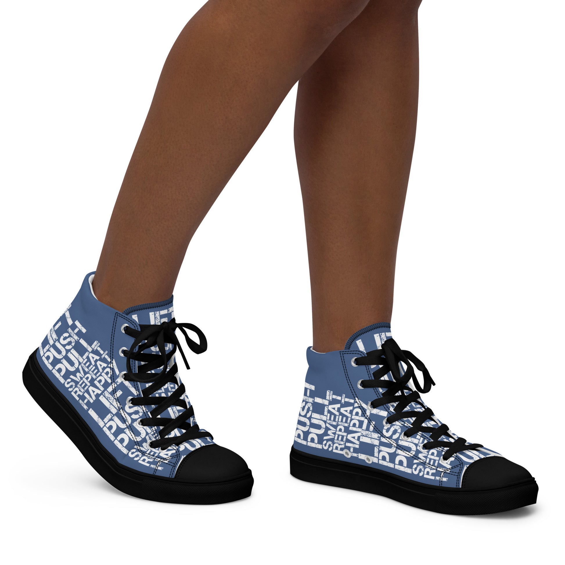 Walking right in womens sneakers HappyStuff high top denim blue shoes black sole lift push pull sweat repeat happy distress print denim blue and white