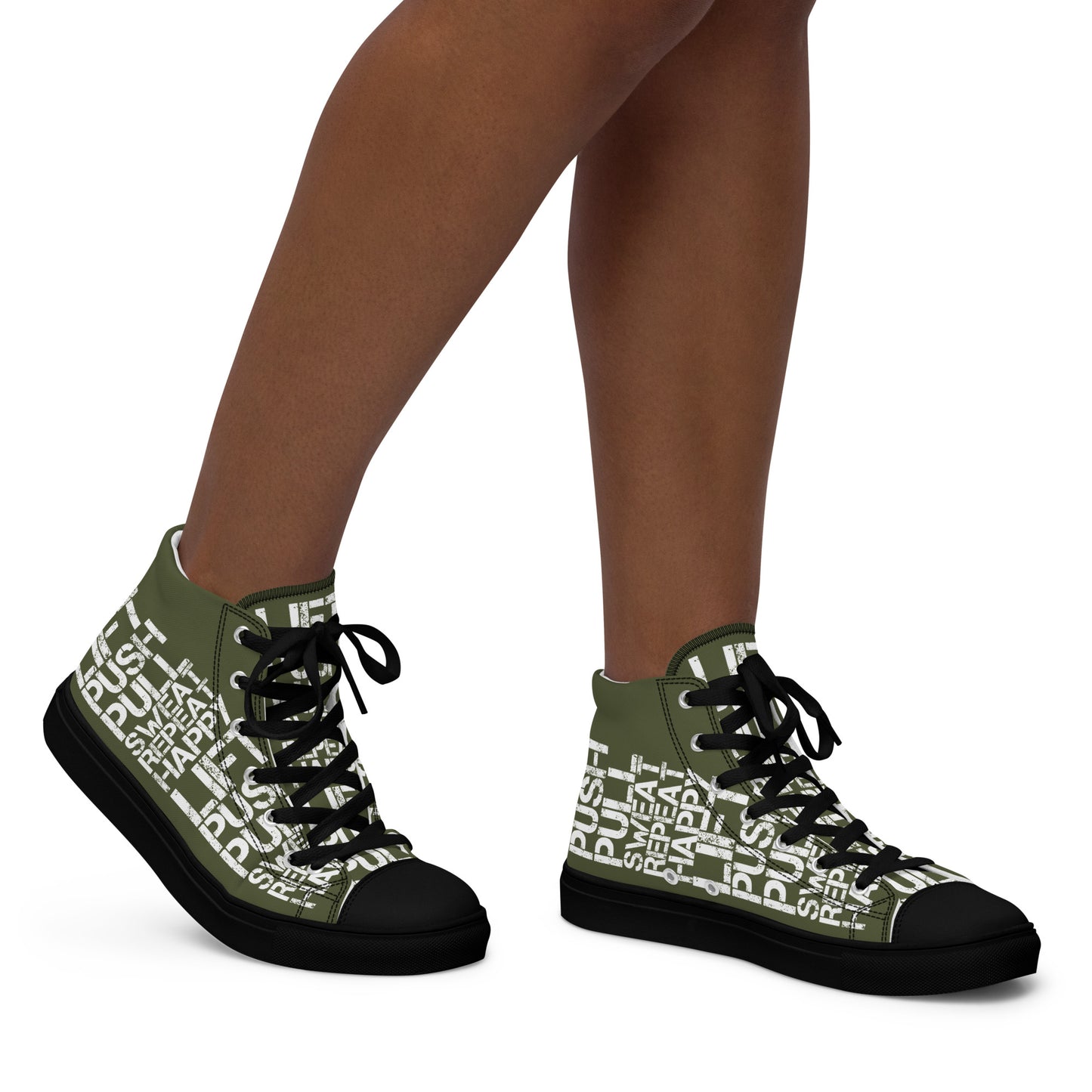 Walking right in womens sneakers HappyStuff high top khaki green shoes black sole lift push pull sweat repeat happy distress print khaki green and white