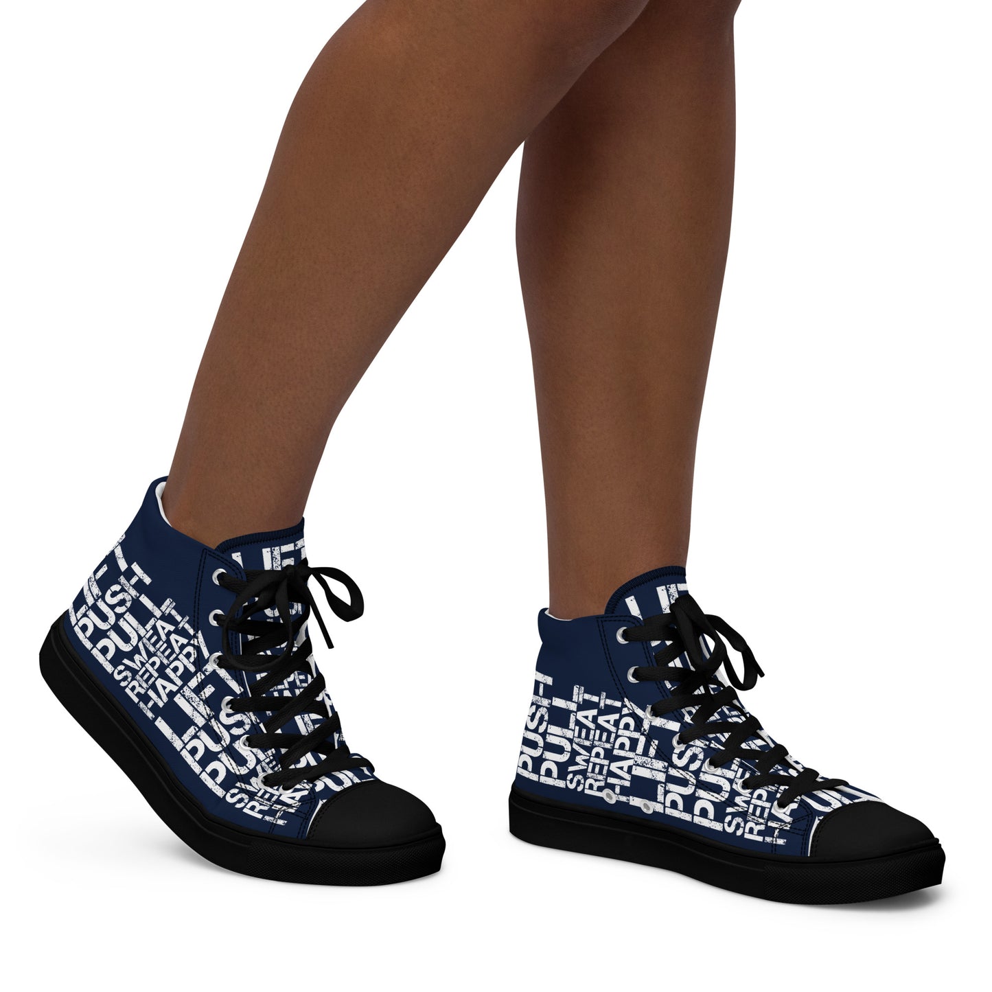 Walking right in womens sneakers HappyStuff high top navy blue shoes black sole lift push pull sweat repeat happy distress print navy blue and white