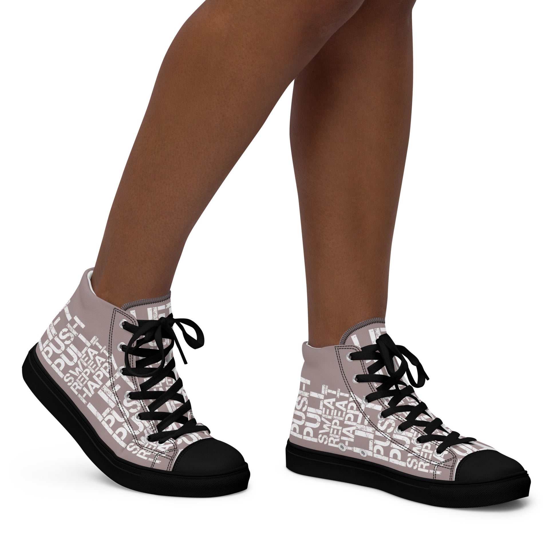 Walking right in womens sneakers HappyStuff high top taupe shoes black sole lift push pull sweat repeat happy distress print taupe and white