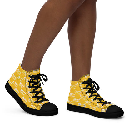 Walking right in womens sneakers HappyStuff high top yellow shoes black sole Happy Left Foot Happy Right Foot Pattern Print yellow and white