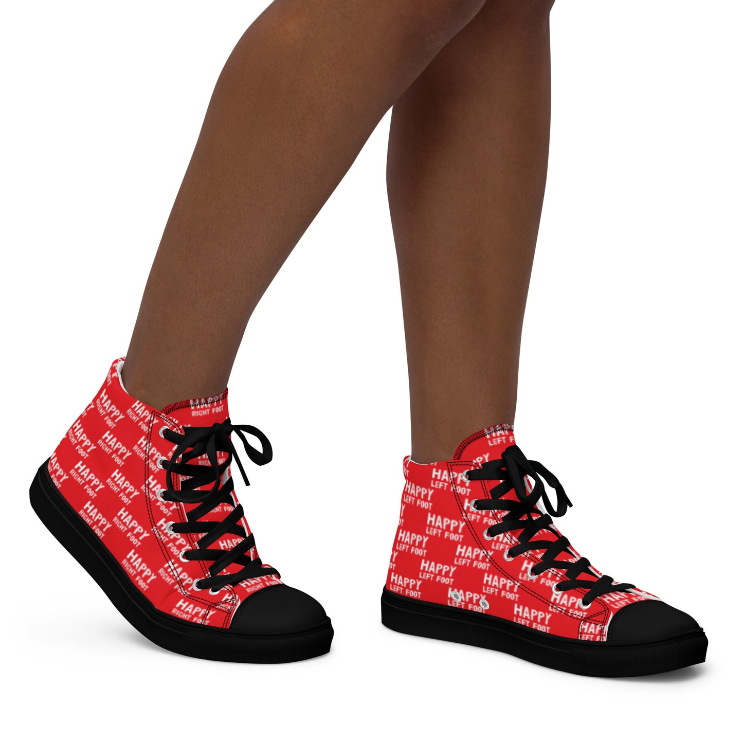 Walking right in womens sneakers HappyStuff high top red shoes black sole Happy Left Foot Happy Right Foot Pattern Print red and white