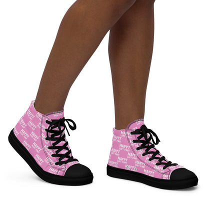 Walking right in womens sneakers HappyStuff high top pink shoes black sole Happy Left Foot Happy Right Foot Pattern Print pink and white