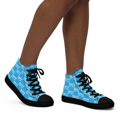 Walking right in womens sneakers HappyStuff high top blue shoes black sole Happy Left Foot Happy Right Foot Pattern Print blue and white