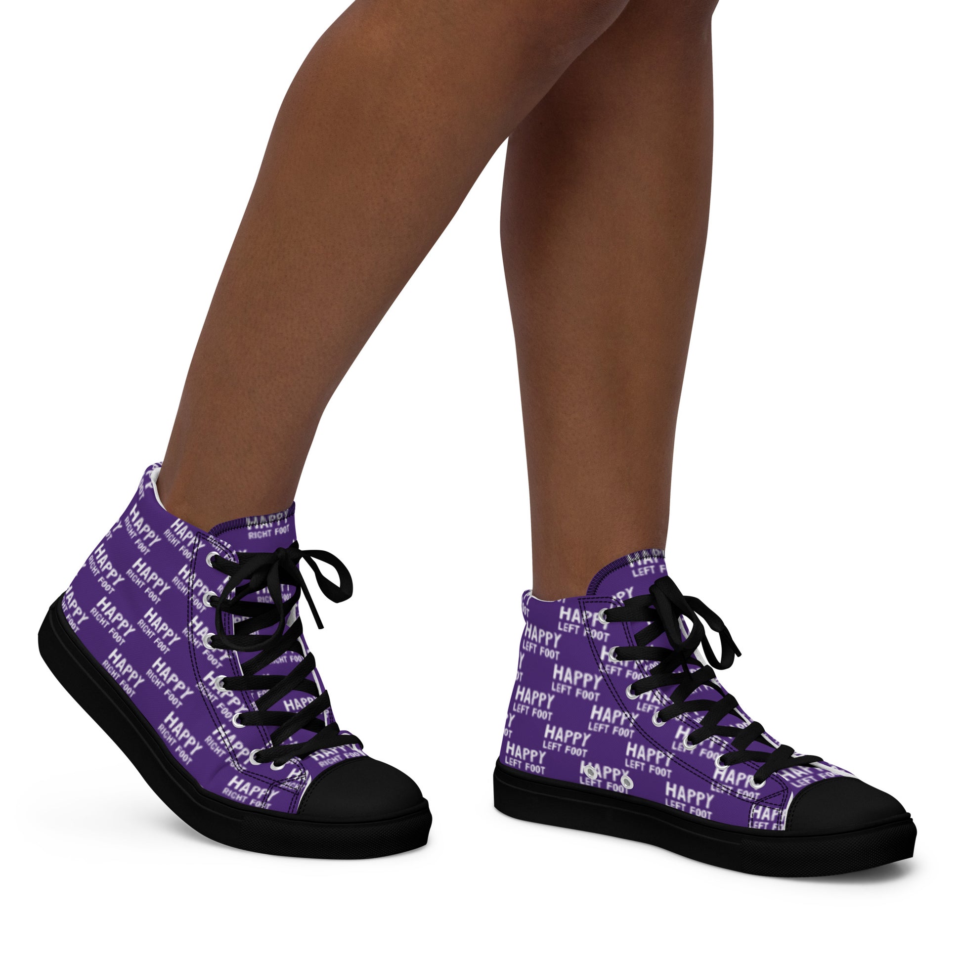 Walking right in womens sneakers HappyStuff high top purple shoes black sole Happy Left Foot Happy Right Foot Pattern Print purple and white