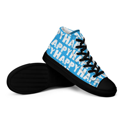 Vintage Shoes style blue and white Happy Sponge Print High Tops EVA black Rubber Outsole closeup sole view