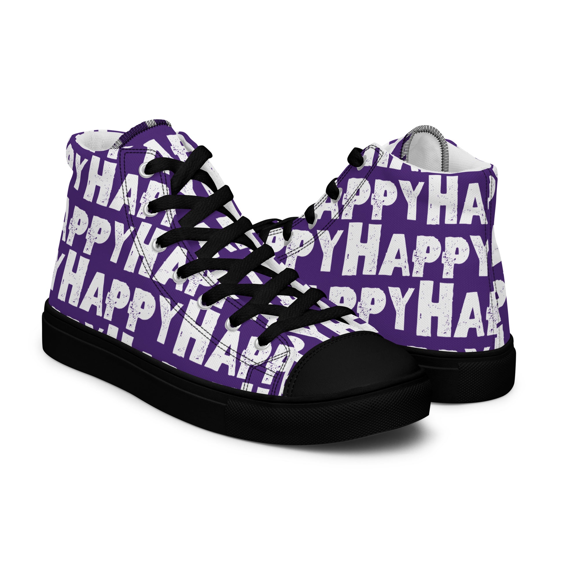 Happy Shoes womens right shoe front view left shoe back view Happy Sponge Print  purple and White High Tops black sole HappyStuff brand