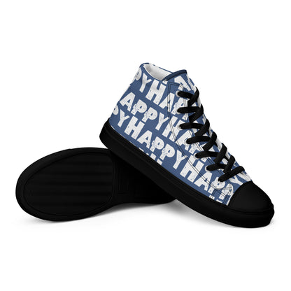 Vintage Shoes style denim blue and white Happy Sponge Print High Tops EVA black Rubber Outsole closeup sole view