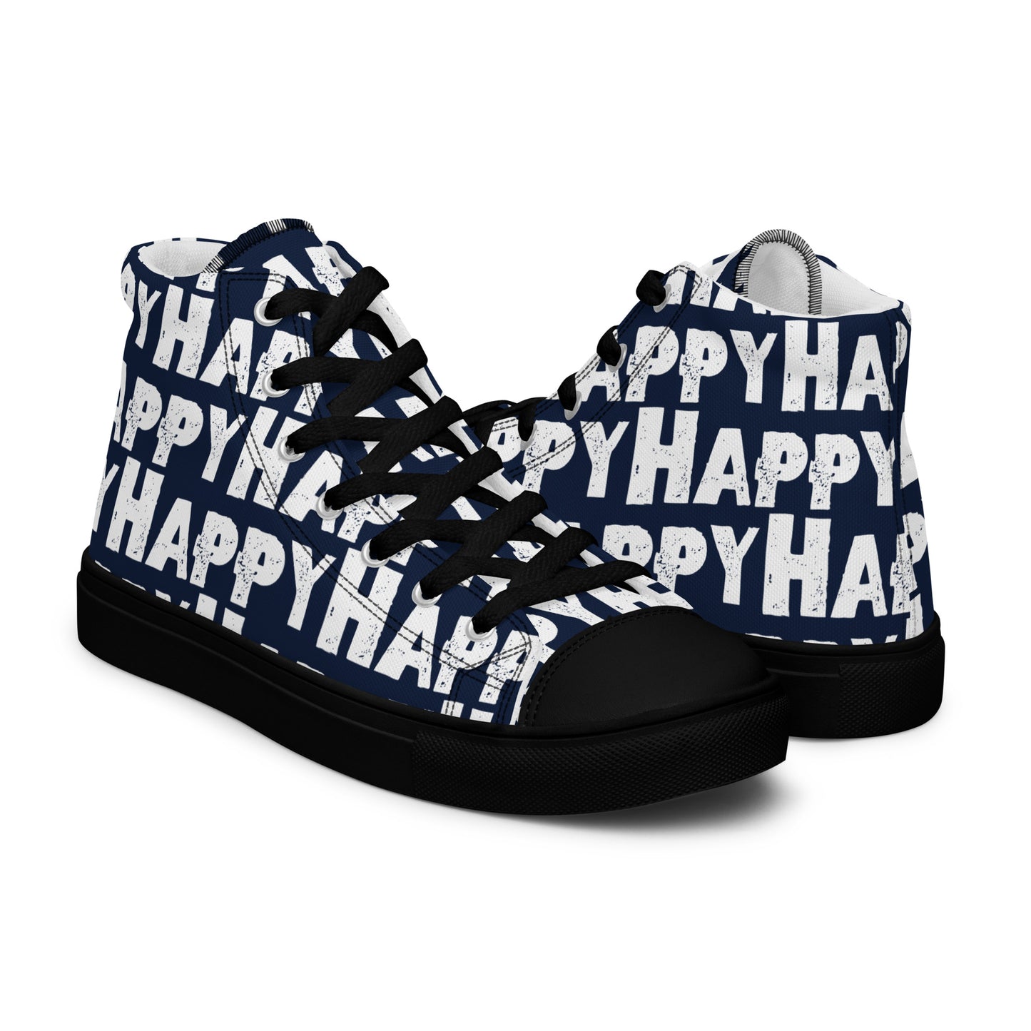 Happy Shoes womens right shoe front view left shoe back view Happy Sponge Print navy blue and White High Tops black sole HappyStuff brand