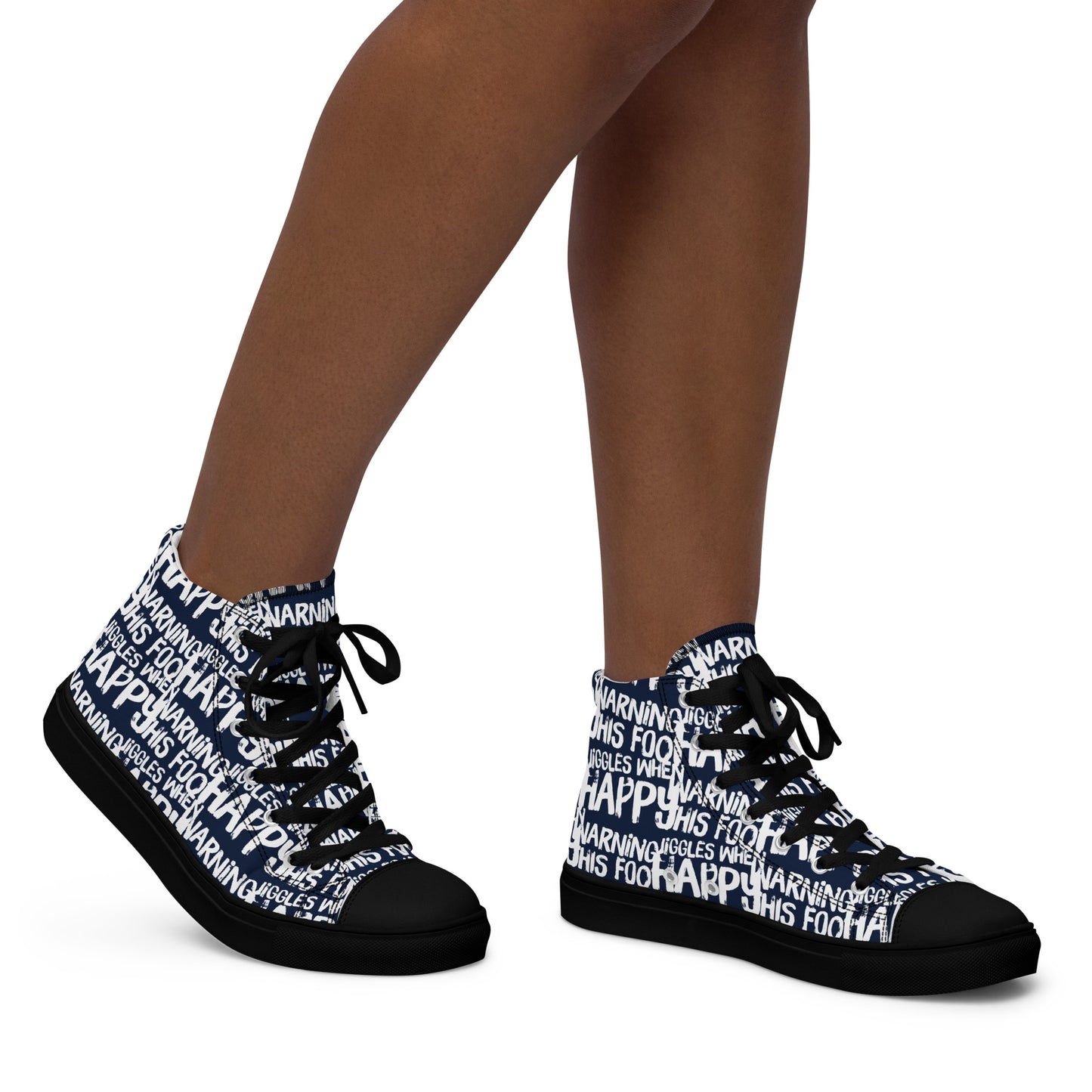 Women's High Tops "Warning This Foot Jiggles When Happy" Painted All Over Canvas Navy Blue Sneakers Black Sole