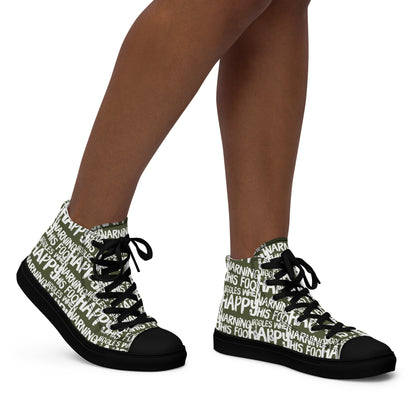 Women's High Tops "Warning This Foot Jiggles When Happy" Painted All Over Canvas Khaki Green Sneakers Black Sole