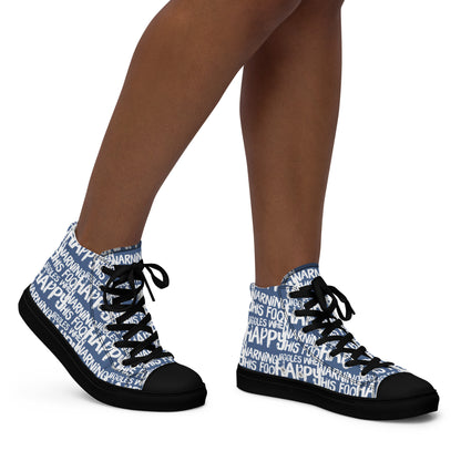 Women's High Tops "Warning This Foot Jiggles When Happy" Painted All Over Canvas Denim Blue Sneakers Black Sole