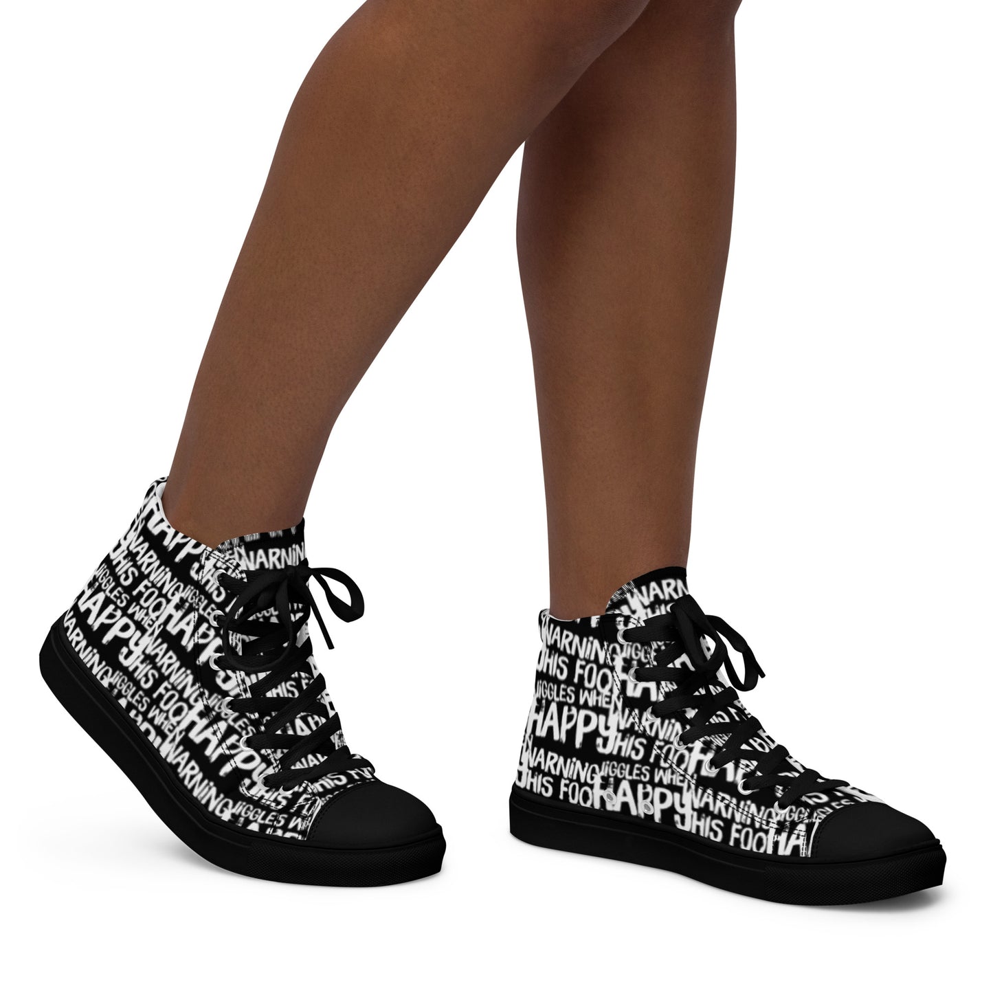 Women's High Tops "Warning This Foot Jiggles When Happy" Painted All Over Canvas Black Sneakers Black Sole