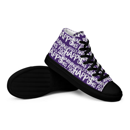 HappyStuff womens purple high tops with playful white print Warning This Foot Jiggles When Happy EVA Rubber outsole closeup sole view black sole