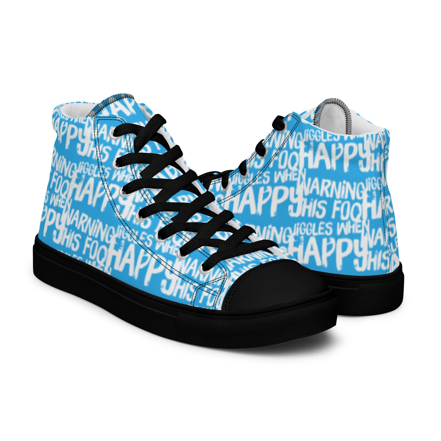 Womens blue high tops with playful white print Warning This Foot Jiggles When Happy right shoe front view left shoe back view black sole