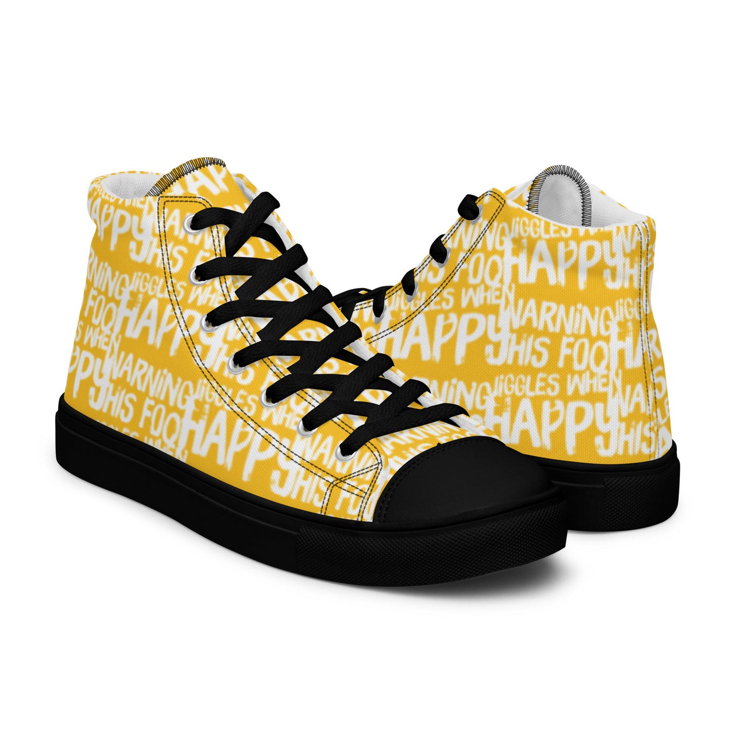 Womens yellow high tops with playful white print Warning This Foot Jiggles When Happy right shoe front view left shoe back view black sole