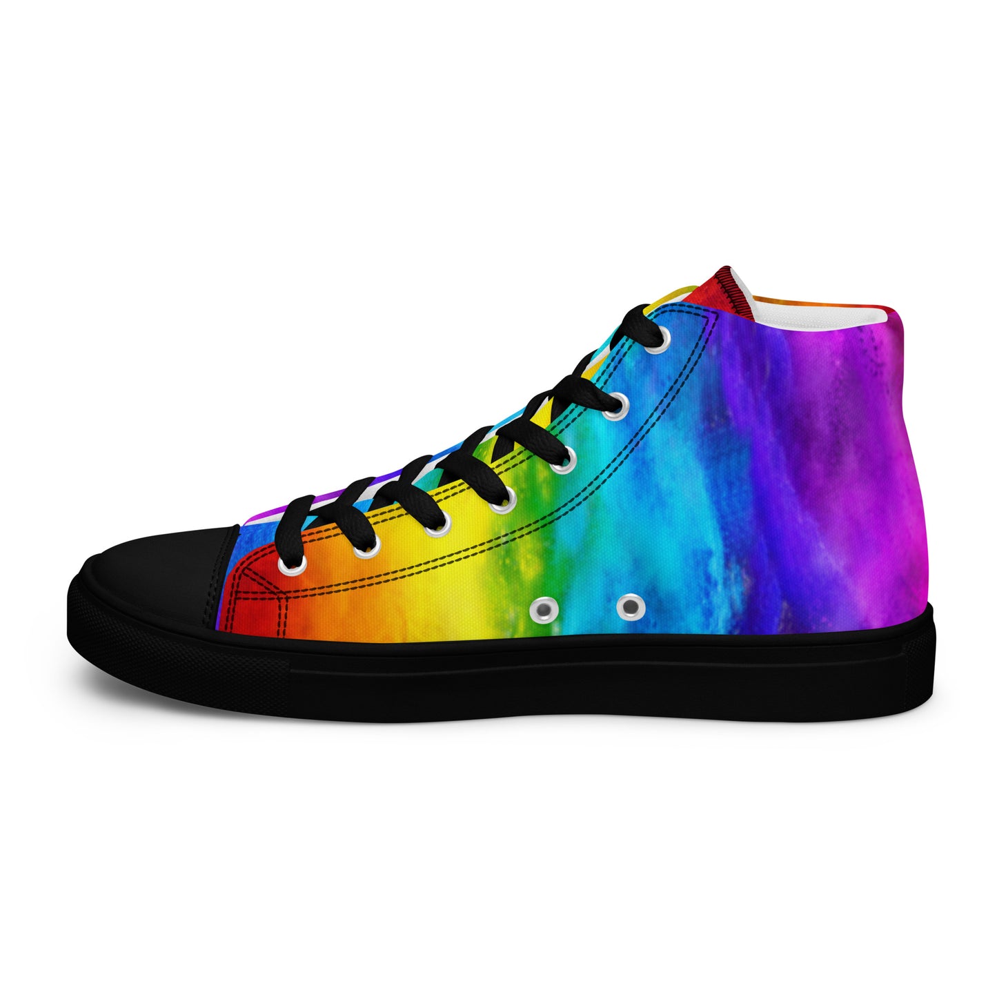 Rainbow shoes holi colours printed on white high tops HappyStuff brand high top sneakers black sole right shoe inside view grommets