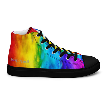 Rainbow shoes outside view of right shoe featuring HappyStuff logo on holi colours printed on white high top sneakers black sole