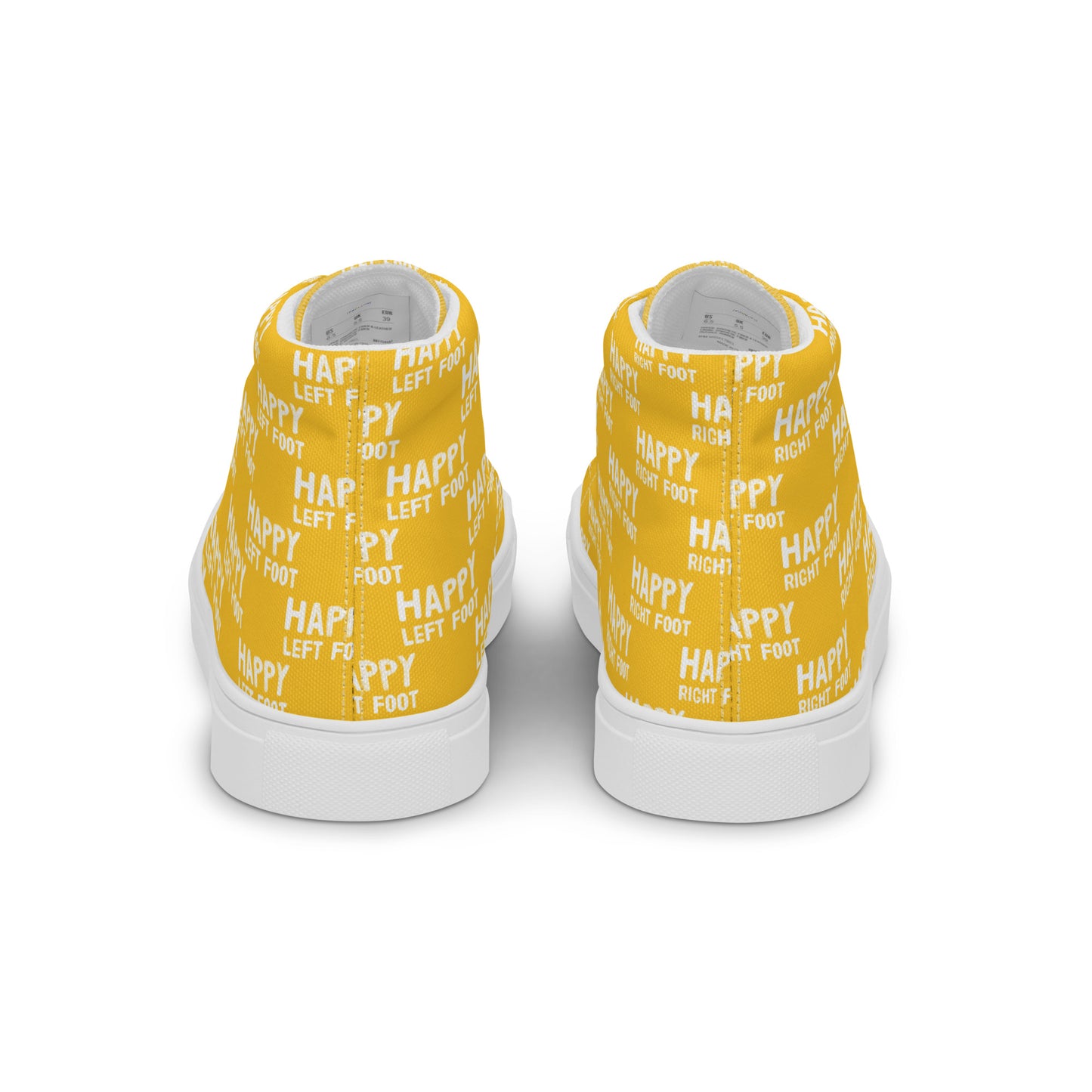 Fun shoes back view Happy Left Foot Happy Right Foot Pattern Print each on relevant shoe HappyStuff yellow high tops womens sneakers