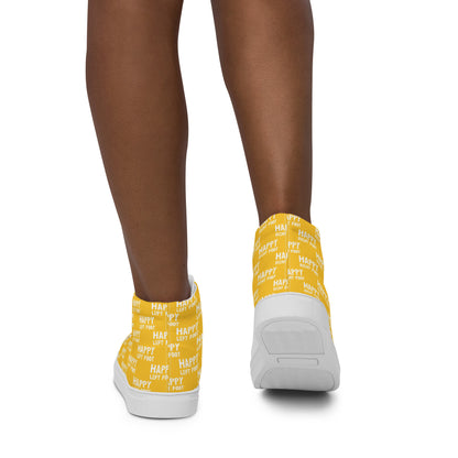 Womens sneakers Happy Left Foot Happy Right Foot Pattern Print yellow and white High Tops walking away HappyStuff brand yellow shoes