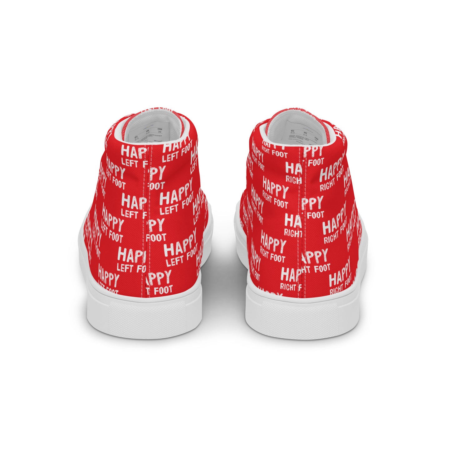 Fun shoes back view Happy Left Foot Happy Right Foot Pattern Print each on relevant shoe HappyStuff red high tops womens sneakers