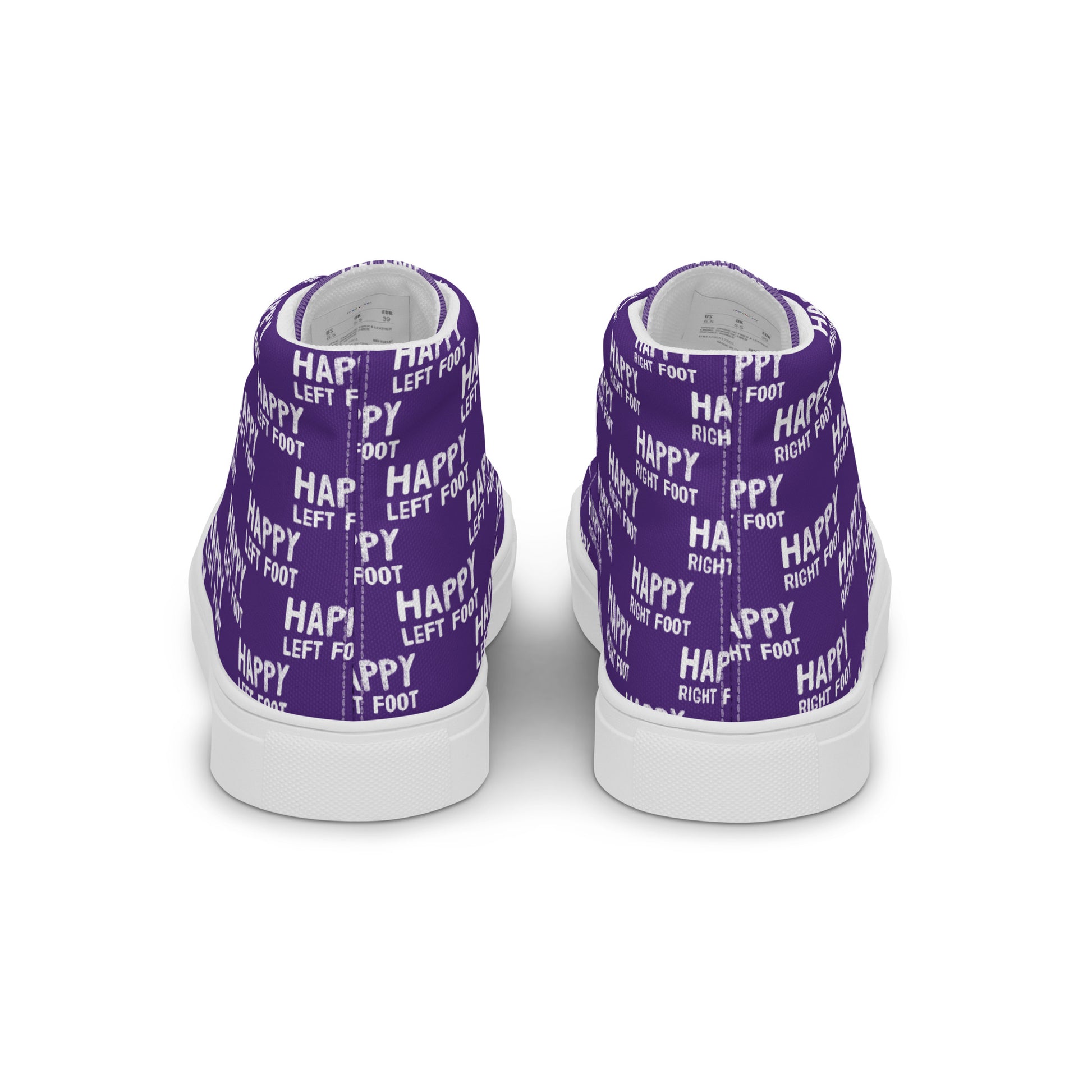 Fun shoes back view Happy Left Foot Happy Right Foot Pattern Print each on relevant shoe HappyStuff purple high tops womens sneakers