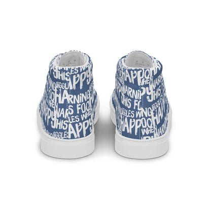 Women's High Tops "Warning This Foot Jiggles When Happy" Painted All Over Canvas Denim Blue Sneakers