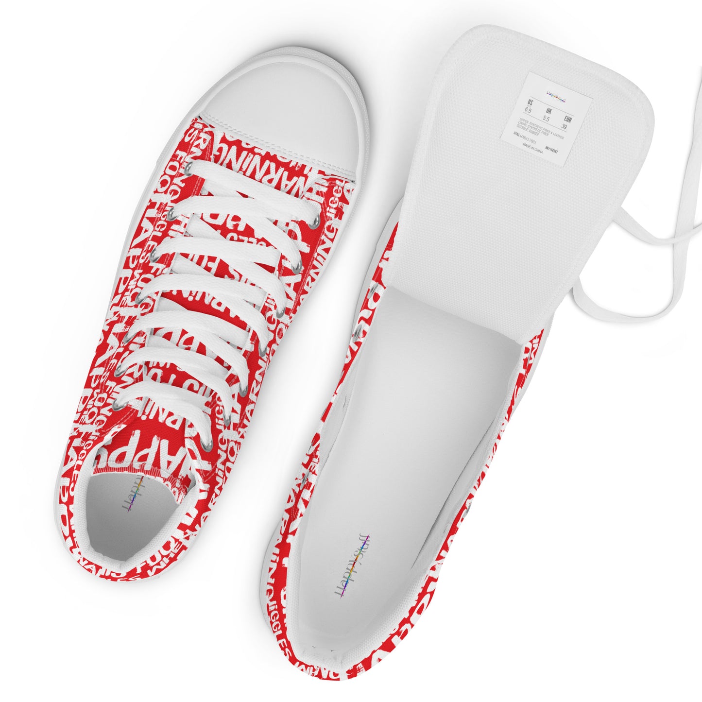 Top view womens sneakers and label HappyStuff red high tops with playful white print Warning This Foot Jiggles When Happy