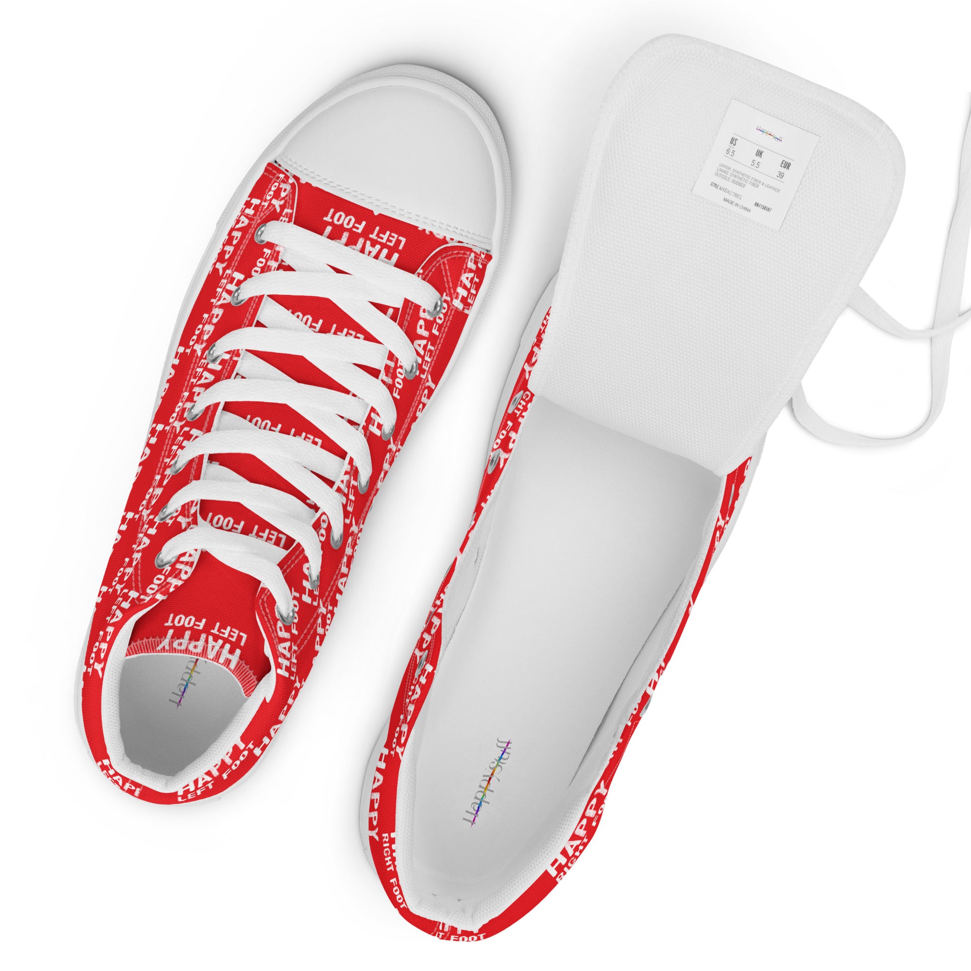 White laces and label top view womens sneakers HappyStuff red high tops with Happy Left Foot Happy Right Foot Pattern Print each on relevant shoe