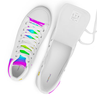 Rainbow shoes womens sneakers top view label white laces white high tops Happy Rainbow Painted bright colour spectrum print HappyStuff