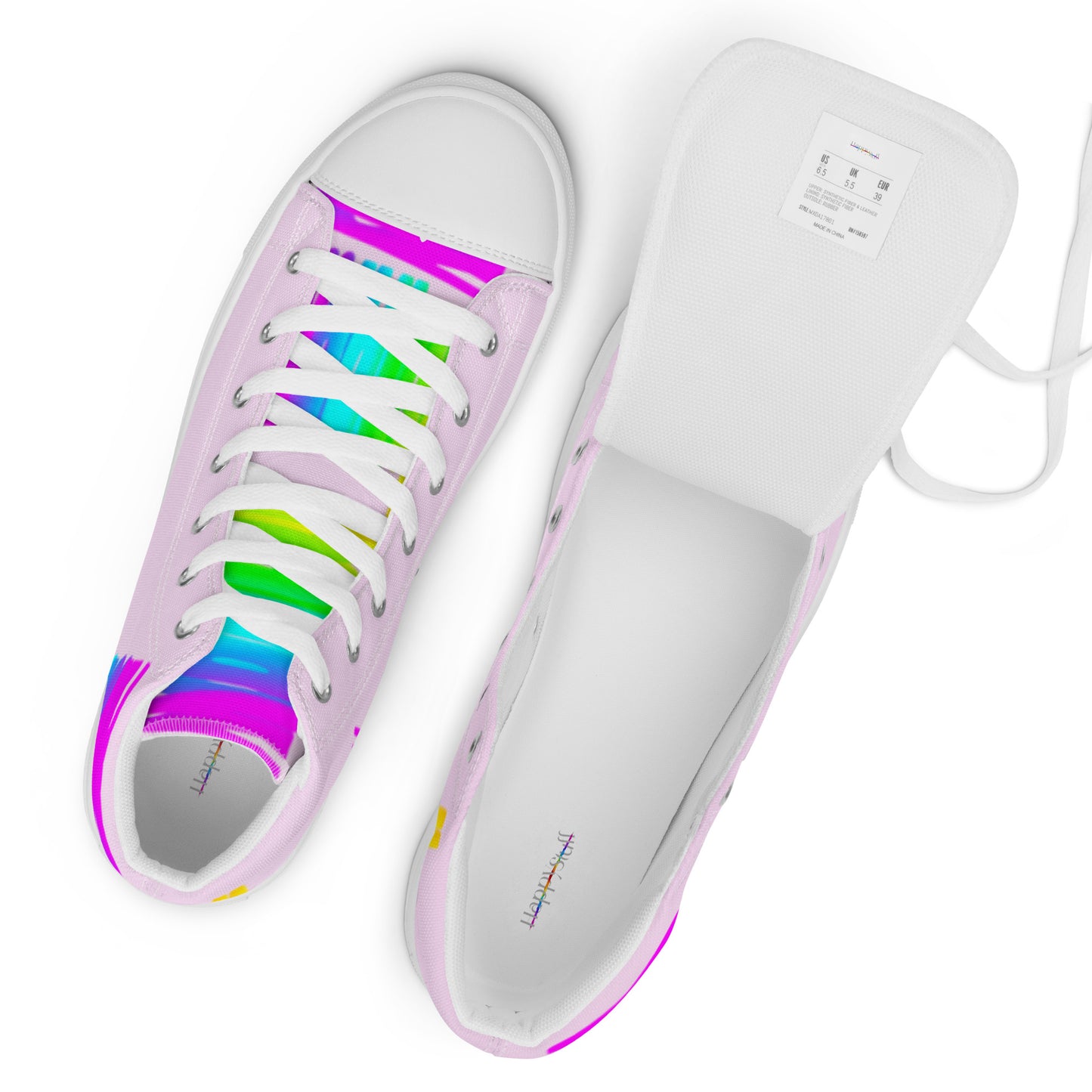 Rainbow shoes womens sneakers top view label white laces pink high tops Happy Rainbow Painted bright colour spectrum print HappyStuff