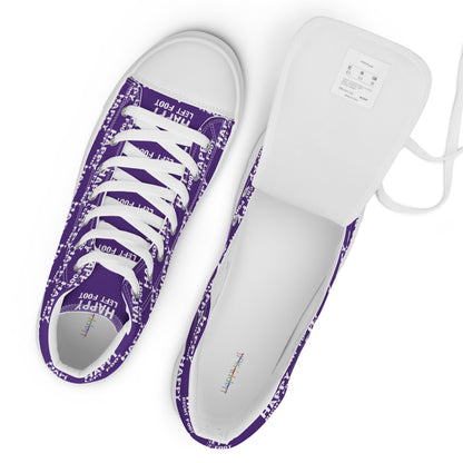 White laces and label top view womens sneakers HappyStuff purple high tops with Happy Left Foot Happy Right Foot Pattern Print each on relevant shoe