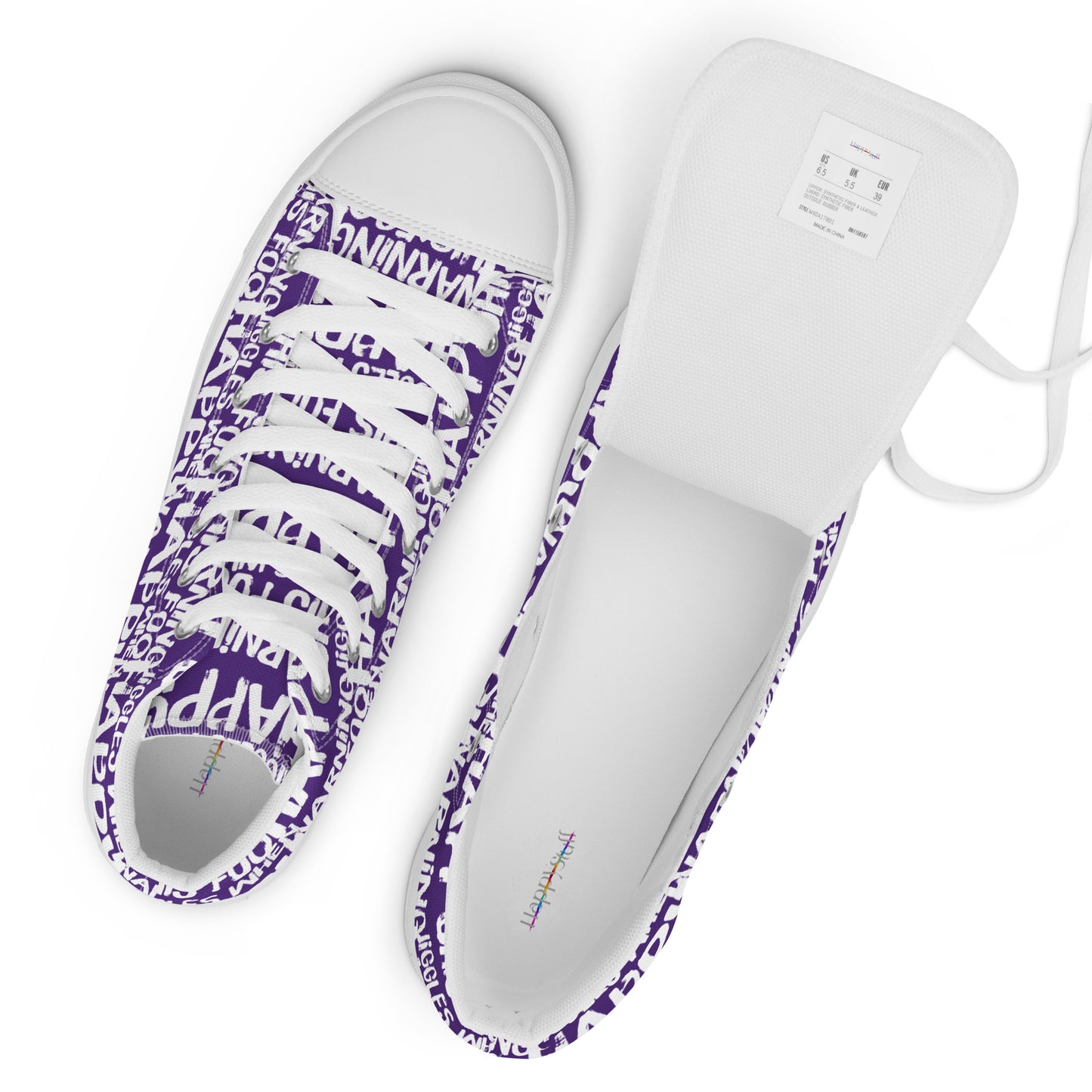 Top view womens sneakers and label HappyStuff purple high tops with playful white print Warning This Foot Jiggles When Happy