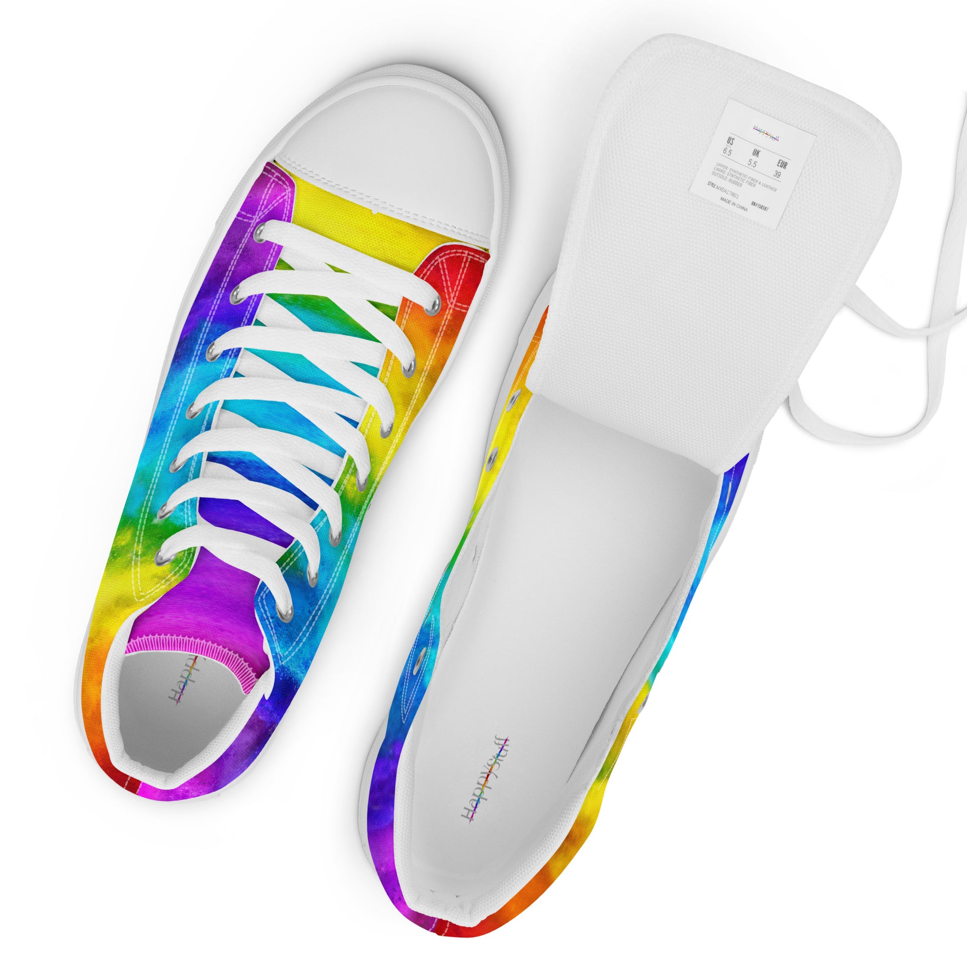 HappyStuff rainbow shoes womens sneakers top view label white laces fun shoes holi colours printed on white high top sneakers