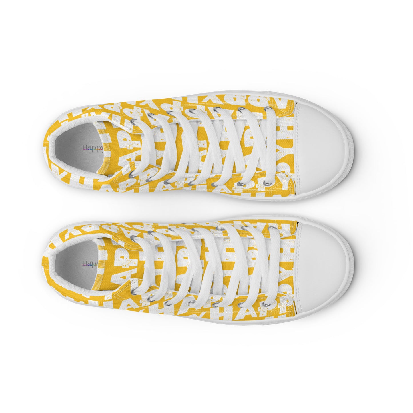 Top view Womens Sneakers yellow shoes with white Happy Sponge Print High Tops Faux Leather toe cap Fun Shoes HappyStuff brand