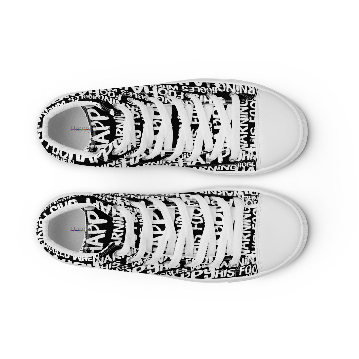 HappyStuff womens black high tops with playful white print Warning This Foot Jiggles When Happy top view laces faux leather toe cap