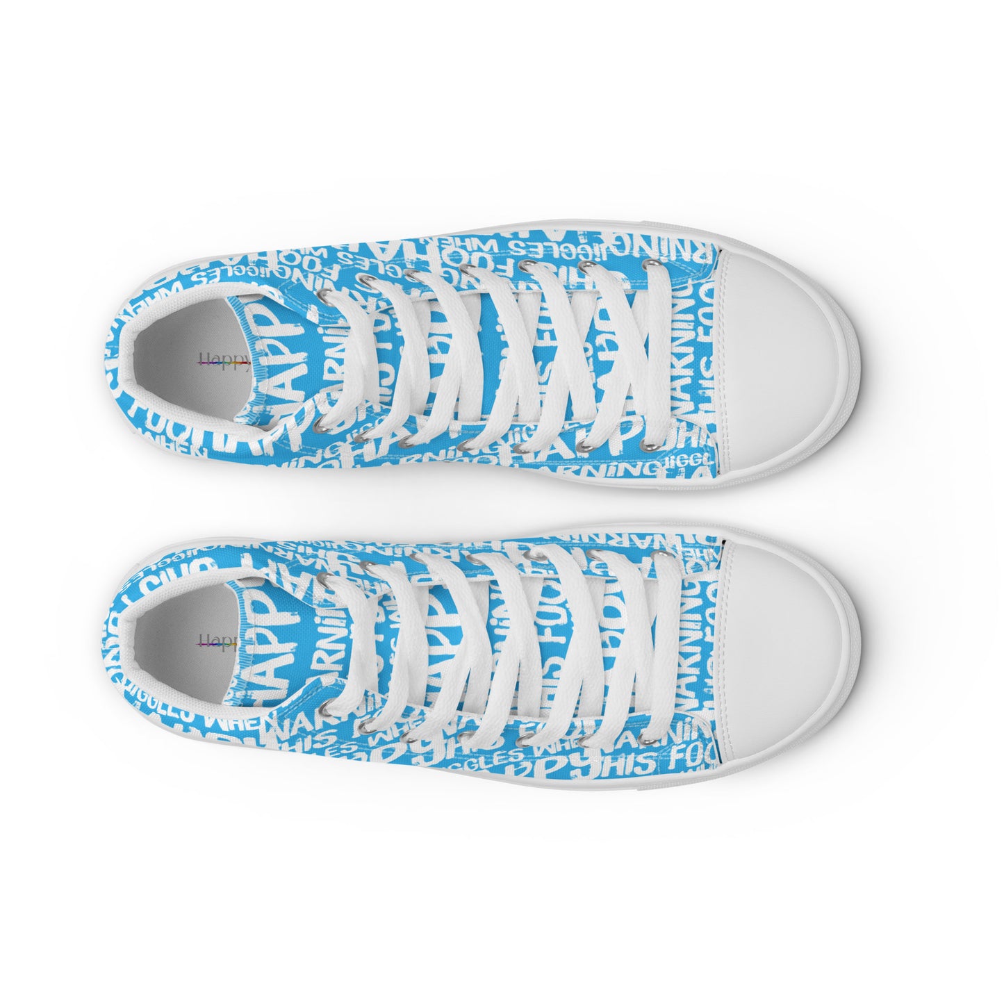 HappyStuff womens blue high tops with playful white print Warning This Foot Jiggles When Happy top view laces faux leather toe cap