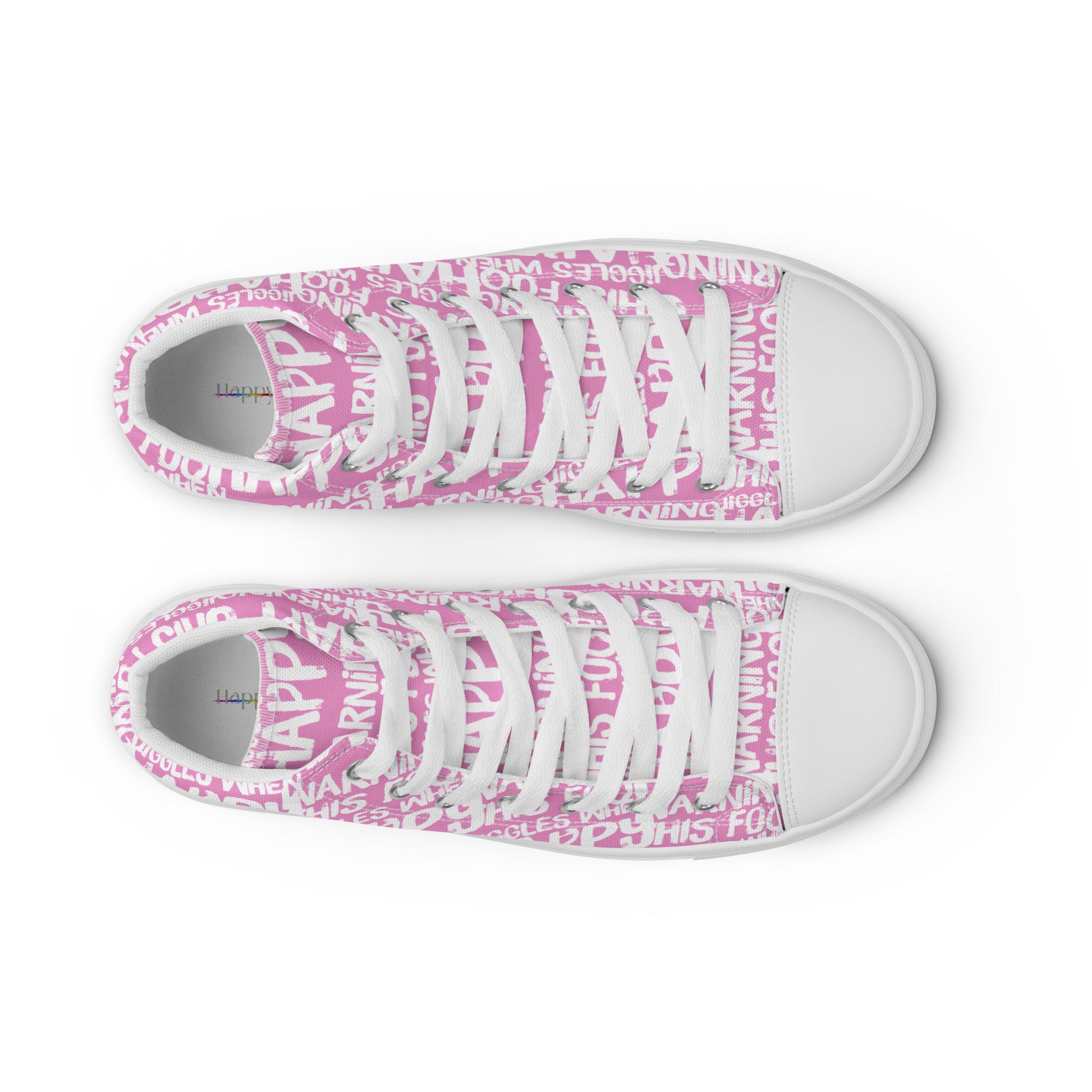 HappyStuff womens pink high tops with playful white print Warning This Foot Jiggles When Happy top view laces faux leather toe cap