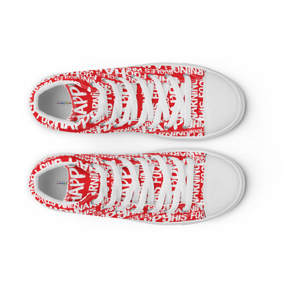 HappyStuff womens red high tops with playful white print Warning This Foot Jiggles When Happy top view laces faux leather toe cap