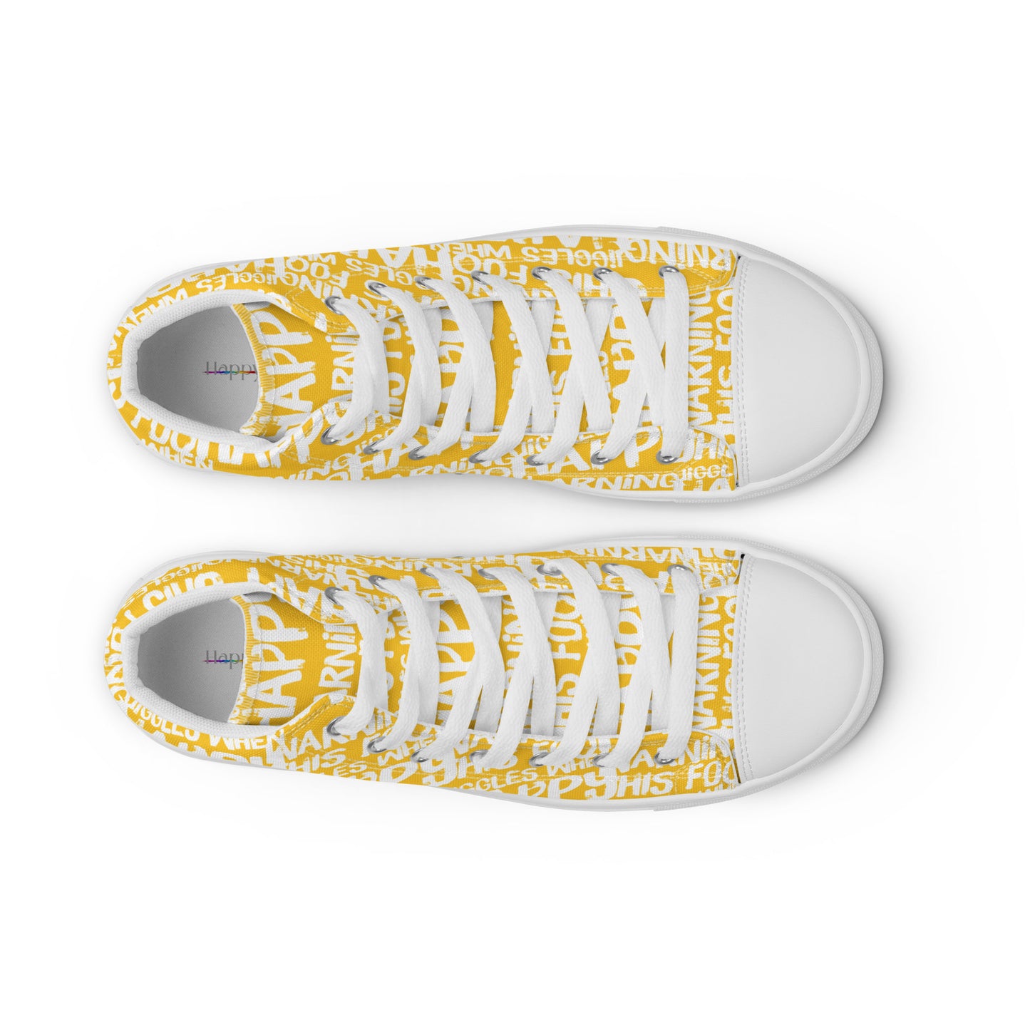 HappyStuff womens yellow high tops with playful white print Warning This Foot Jiggles When Happy top view laces faux leather toe cap