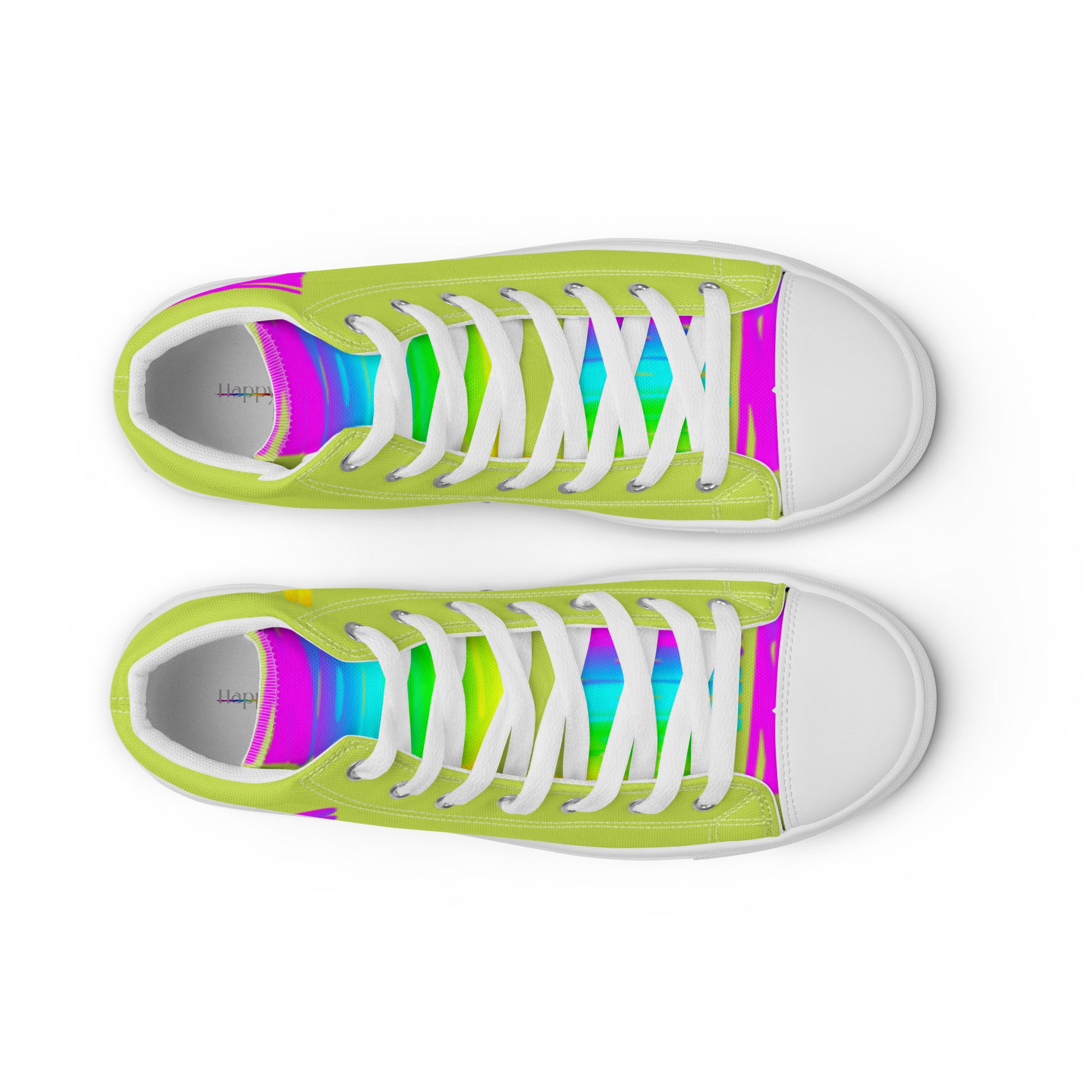 HappyStuff womens green high tops rainbow shoes Happy Rainbow Painted Print bright colours top view faux leather toe cap laced